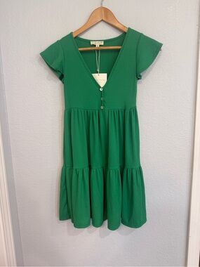 New Kelly Green Ribbed Tiered V-Neck Mini Dress With Flutter Sleeves